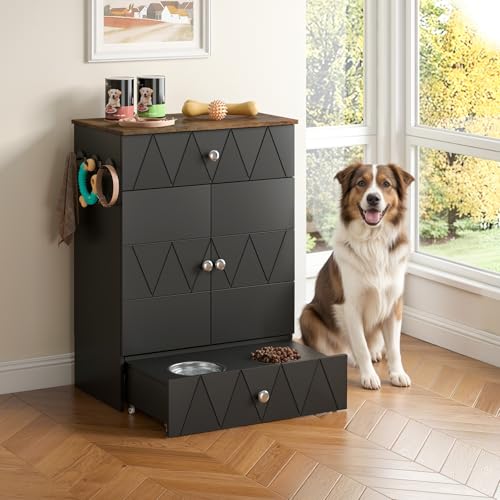 Haustier-Futterschrank mit Lagerschrank, Futterschrank Hund mit 2 Edelstahlnäpfen & 3 Haken, Hundefutterstation mit Schubladen & Verstellbarer Ablage, Hundebar für Hunde, 61x35,5x82,5cm (Schwarz) Haustier-Futterschrank mit Lagerschrank, Futterschrank Hund mit 2 Edelstahlnäpfen & 3 Haken, Hundefutterstation mit Schubladen & Verstellbarer Ablage, Hundebar für Hunde, 61x35,5x82,5cm (Schwarz) von Rebongki
