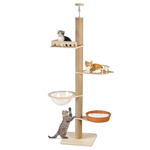 Kratzbaum, 5 Etagen Katzenbaum vom Boden bis zur Decke, höhenverstellbare Katzenkratzbaum(255-270cm), Kletterbaum Katze mit Geländern & Sisalsäulen, Katzenturm mit Raumkapsel & Rattankorb von Rebongki
