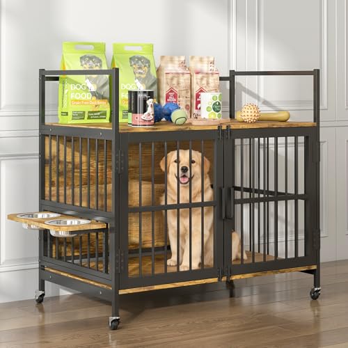 Hundekäfig Möbel mit Lagerregal, 99x58x96,5cm, Hundebox Möbel mit 360° Drehbaren Hundenäpfen und mit Rädern, Hochbelastbarer Hundekäfig für Zuhause, Hundeschrank für große und mittlere Hunde von Rebonique