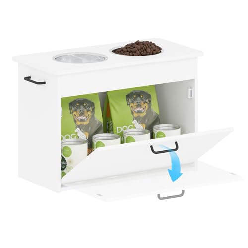 Hundenapf Erhöht Große Hunde, Weißer Futterschrank mit 2 Edelstahlnäpfen, Futterstation Hund mit Stauraum und 3 Griffen, Erhöhter Futternapf Hund, Hundebar Mittelgroße Hunde, 60x30x41cm Hundenapf Erhöht Große Hunde, Weißer Futterschrank mit 2 Edelstahlnäpfen, Futterstation Hund mit Stauraum und 3 Griffen, Erhöhter Futternapf Hund, Hundebar Mittelgroße Hunde, 60x30x41cm von Rebonique