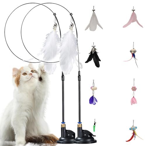 Interaktives Katzenspielzeug Katzenangel mit Saugnapf, Cat Toy für Katzen mit Federn, Katzen Spielzeug für Katzen, Katzenminze Katzenspielzeug Selbstbeschäftigung Katzenspielzeug Federn (2 Set) von Recitem