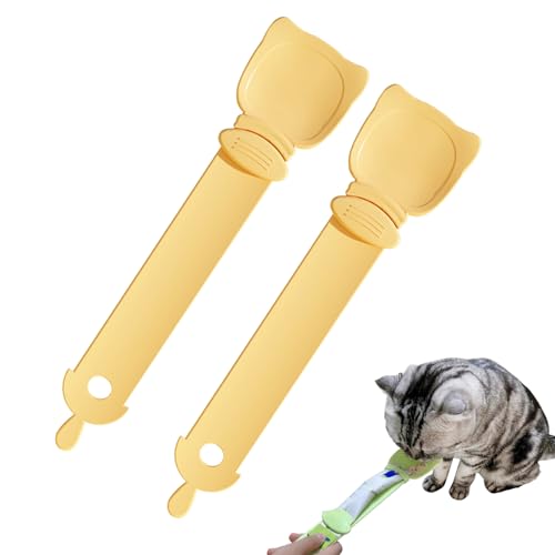 Katzenfutter Löffel Katzenstreifen Quetschlöffel 1/2/3 Pcs Leckerei Löffel Katzenstreifen Strip Happy Spoon, Haustier Futterspender Katzen Spoon Katzen Snack Löffel für Haustiere (2 Gelb) von Recitem