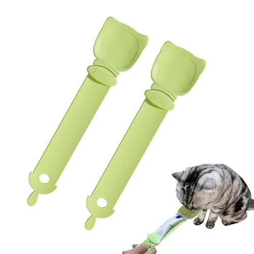 Katzenfutter Löffel Katzenstreifen Quetschlöffel 1/2/3 Pcs Leckerei Löffel Katzenstreifen Strip Happy Spoon, Haustier Futterspender Katzen Spoon Katzen Snack Löffel für Haustiere (2 Grün) von Recitem