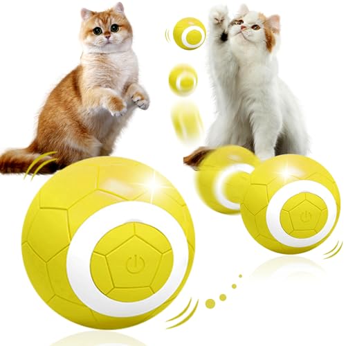 Recitem Katzenspielzeug Elektrisch Katzenball mit LED Licht,360° Selbstdrehender Elektronischer,Type-C USB Wiederaufladbarer Stimulierung Jagdtriebs Lustiges Bälle Spielzeug für Katzen (Gelb) von Recitem