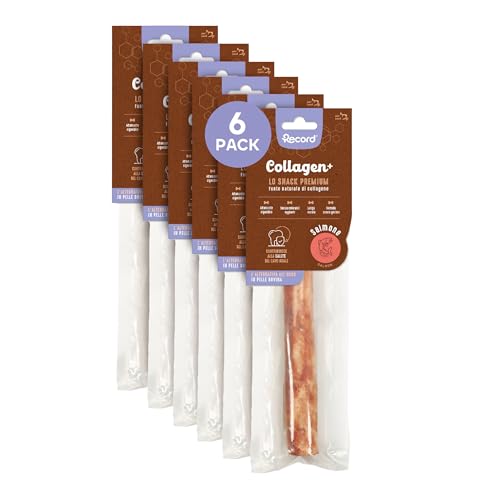 Record - Premium Hundesnack Collagen+ Lachsgeschmack mit hohem Proteinwert | kollagenreiche Hunde Kausnack ohne Farbstoffe 6 Beutel à 84 g | (L) von Record