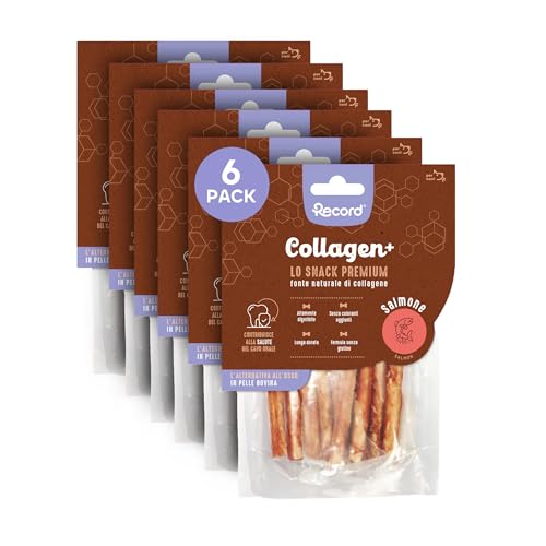 Record - Premium Hundesnack Collagen+ Lachsgeschmack mit hohem Proteinwert | kollagenreiche Hunde Kausnack ohne Farbstoffe 6er Pack 60g Beutel|(XS-S) von Record