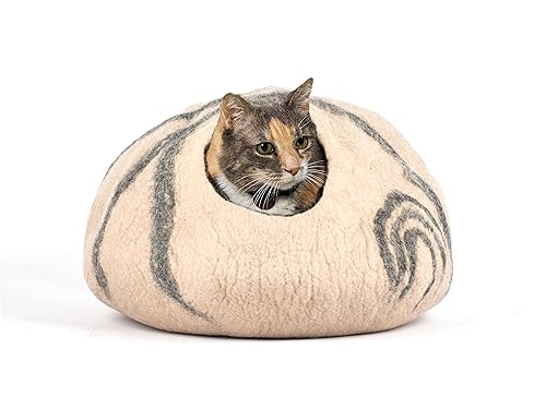 Reefelt Katzenhöhle aus Filz, gestreiftes Design, hochwertig, handgefertigt, 100 % Merinowolle, für Katzen und Kätzchen, Hellbraun mit Streifen von Reefelt