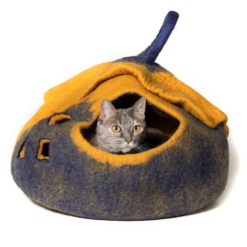 Reefelt Katzenhöhle aus Filz, handgefertigt, 100 % Merinowolle, für Katzen und Kätzchen, Marineblau / Gelb mit Hut und Haken von Reefelt