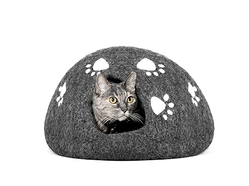 Reefelt Katzenhöhle aus Filz, handgefertigt, 100 % Merinowolle, für Katzen und Kätzchen, Pfoten-Design auf Holzkohle von Reefelt