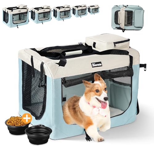 Reerooh Extra große Hundebox mit 2 faltbaren Näpfen, 91,4 cm, faltbare Reise-Hundebox mit weicher Decke für mittelgroße Hunde, drinnen und draußen (91,4 cm L x 63,5 cm B x 63,5 cm H, Blau) von Reerooh
