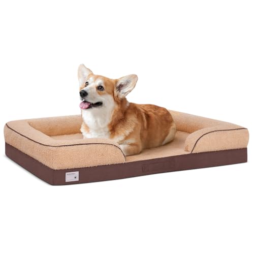 Reerooh Orthopädisches Hundebett Mittelgroße Hunde, Waschbarer Hundekorb mit rutschfestem Boden, Wasserdicht Hundekissen mit U-förmiger Nackenrolle, Hundesofa für Auto Käfig, Braun, 71x59x17cm von Reerooh