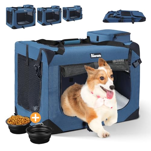 Reerooh Hundebox L 70x52x52cm, Faltbar Hundetransportbox Inkl.Hundenapf, Tragbare Hundetasche für Reisen, Hunde und Katzen Auto Haustiertransportbox (Dunkelblau, L) von Reerooh