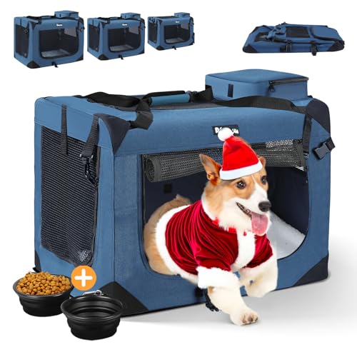 Reerooh Hundebox L 70x52x52cm, Faltbar Hundetransportbox Inkl.Hundenapf, Tragbare Hundetasche für Reisen, Hunde und Katzen Auto Haustiertransportbox (Dunkelblau, L) von Reerooh