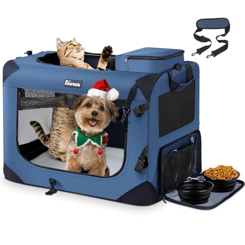 Reerooh Hundebox M 60x42x42cm, Faltbar Hundetransportbox Inkl.Hundenapf, Tragbare Hundetasche für Reisen, Hunde und Katzen Auto Haustiertransportbox(M, Dunkelblau) von Reerooh