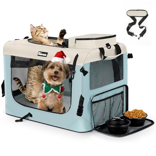 Reerooh Hundebox M 60x42x42cm, Faltbar Hundetransportbox Inkl.Hundenapf, Tragbare Hundetasche für Reisen, Hunde und Katzen Auto Haustiertransportbox(M, Blau) von Reerooh