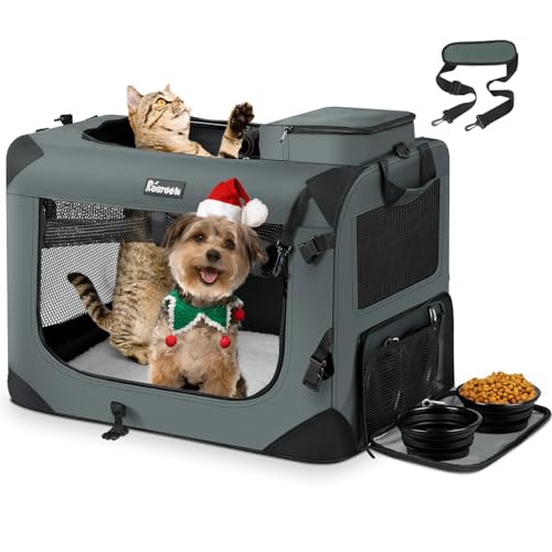Reerooh Hundebox M 60x42x42cm, Faltbar Hundetransportbox Inkl.Hundenapf, Tragbare Hundetasche für Reisen, Hunde und Katzen Auto Haustiertransportbox (Grau, M) von Reerooh