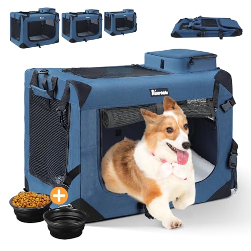 Reerooh Hundebox M 60x42x42cm, Faltbar Hundetransportbox Inkl.Hundenapf, Tragbare Hundetasche für Reisen, Hunde und Katzen Auto Haustiertransportbox(M, Dunkelblau) von Reerooh