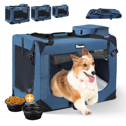 Reerooh Hundebox XL 81x 58 x 58cm, Faltbar Hundetransportbox Inkl.Hundenapf, Tragbare Hundetasche für Reisen, Hunde und Katzen Auto Haustiertransportbox (Dunkelblau, XL) von Reerooh