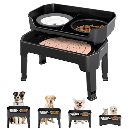 Erhöhte Hundenäpfe mit 4 höhenverstellbaren erhöhten Ständer mit 2 Näpfen, Leckplatte und langsamem Futterspender für große, mittelgroße und kleine Hunde, 44 x 26,5 x 16/28,7/32,7/36,7 cm, 1600 ml von Refein
