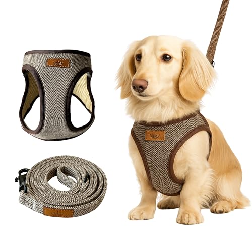 Luxuriöses Tweed-Hundegeschirr und Leine, neutrales ästhetisches Design in Braun, Creme, Schwarz und Weiß, von der britischen Landschaft inspiriert, für Welpen oder Hunde, langlebig, Premium-Komfort von Regal Hound