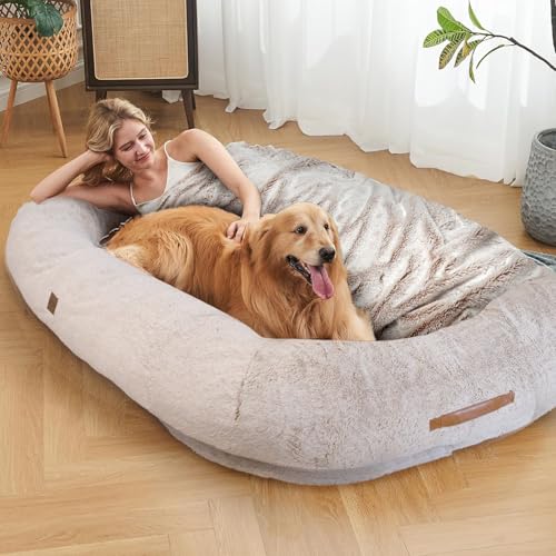 Menschliches Hundebett für Erwachsene – Übergroßes flauschiges Hundebett für Menschen mit Decke – waschbarer Bezug, rutschfeste Unterseite, wasserdichtes Futter, Aufbewahrungstaschen – gemütlich für von Regal Instinx