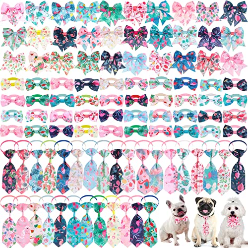 100-teiliges Flamingo-Hundehalsband-Set mit 30 Hundehalsbändern, 30 Halsbändern, Blumen und 40 Hundefliege, verstellbare Valentinstag-Hundeschleifen, Fellpflege für kleine, mittelgroße Hunde von Reginary
