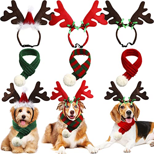6 Stück Weihnachten Hund Elch Rentier Geweih Stirnband und Hund Weihnachten Schal Set Xmas Pet Hund Rentier Kostüm Zubehör für Hunde und Katzen von Reginary