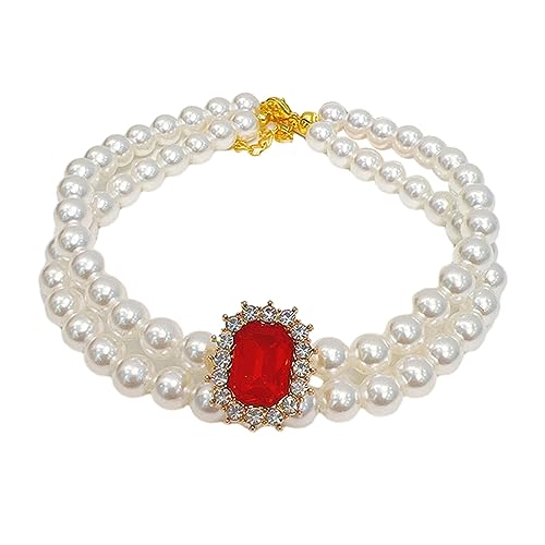 Reheyre Schnappverschluss-Haustierschmuck, doppellagige Halskette mit funkelndem Strass-Fake-Perlenhalsband für Hunde und Katzen. Exquisit Rot L von Reheyre