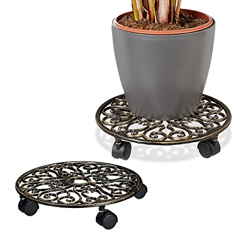 2 x Pflanzenroller Gusseisen, rund, Ø 33,5 cm, Blumentopfuntersetzer, 4 Rollen, stabil, wetterfest, Blumenroller, Bronze 2 x Pflanzenroller Gusseisen, rund, Ø 33,5 cm, Blumentopfuntersetzer, 4 Rollen, stabil, wetterfest, Blumenroller, Bronze von Relaxdays