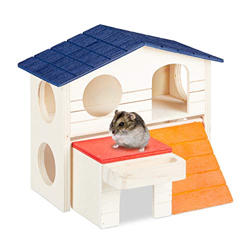 Relaxdays Hamsterhaus Holz, 2 Etagen, für Zwerghamster & Mäuse, kleines Hamsterhäuschen, HBT: 15 x 17 x 16,5 cm, bunt von Relaxdays