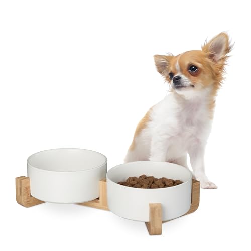 Relaxdays Hunde Napfbar Keramik, 850 ml, Futter & Wasser, Futternapf mit Bambus-Gestell, HxBxT: 9 x 32 x 17 cm, weiß von Relaxdays