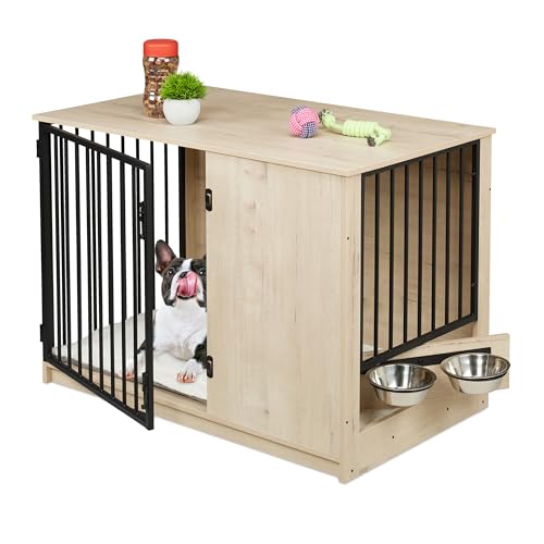 Relaxdays Hundekäfig, für Zuhause, HBT: 65,5x102x60 cm, 2 drehbare Näpfe, Hundebox Holzoptik, MDF & Stahl, grau/schwarz von Relaxdays