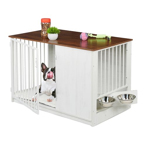 Relaxdays Hundekäfig, für Zuhause, HBT: 65,5x102x60 cm, Hundemöbel, 2 drehbare Näpfe, Hundebox, MDF & Stahl, weiß/braun von Relaxdays