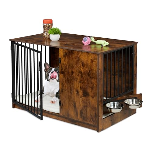 Relaxdays Hundekäfig für Zuhause, HBT: 65,5x102x60 cm, 2 drehbare Näpfe, Hundebox Industrial, MDF & Stahl, braun/schwarz von Relaxdays