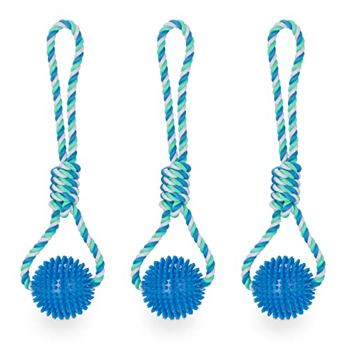 Relaxdays Hundespielzeug Ball mit Seil, 3er Set, Wurfball für Hunde, Ø 8,5 cm, Hundeball Zahnpflege, Schleuderball, blau von Relaxdays
