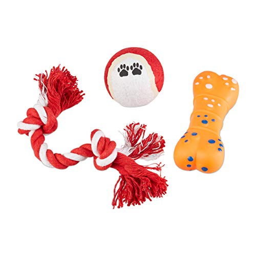Relaxdays Hundespielzeug Set 3 TLG, Tennisball, Tauspielzeug, Gummiknochen, Welpenspielzeug, kleine Hunde & Welpen, bunt von Relaxdays