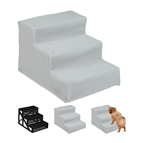 Relaxdays Hundetreppe 3 Stufen, kleine & große Hunde, Bett & Couch, Stoffbezug, Tiertreppe innen, HBT 30x35x45 cm, grau von Relaxdays