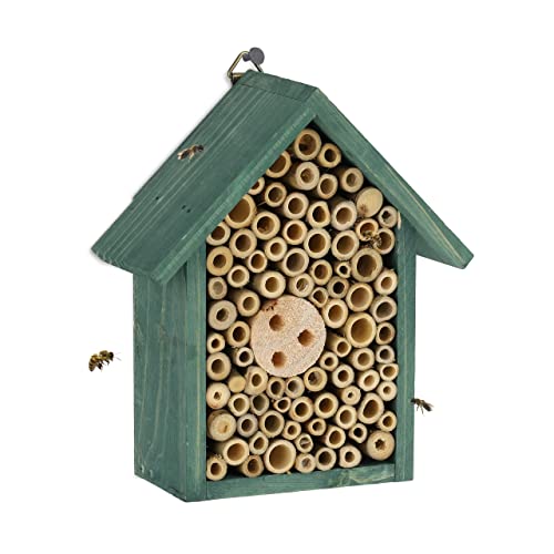 Relaxdays Insektenhotel, Nisthilfe für Bienen & Wespen, HBT 20 x 17 x 8,5 cm, Garten, Balkon, Bienenhotel, Holz, grün von Relaxdays