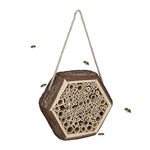 Relaxdays Insektenhotel, Nisthilfe für Wildbienen, Garten, Balkon, Bienenhotel zum Aufhängen, HBT: 18 x 20 x 7 cm, Natur von Relaxdays