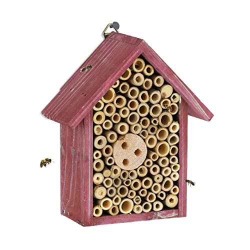 Relaxdays Insektenhotel, Nisthilfe für Wildbienen & Wespen, HBT 20 x 17 x 8,5 cm, Garten, Balkon, Bienenhotel, Holz, rot von Relaxdays