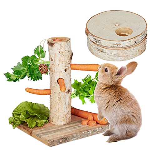 Relaxdays Kaninchen Spielzeug, 2tlg. Set, Futterbaum & Intelligenzspielzeug, Holz, Zubehör Meerschweinchen, Hasen, Natur von Relaxdays
