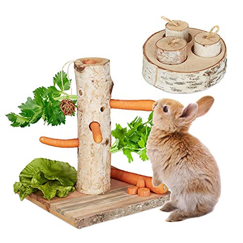 Relaxdays Kaninchen Spielzeug, 2tlg. Set, Nagerbaum & Intelligenzspielzeug, Holz, Zubehör Meerschweinchen, Hasen, Natur von Relaxdays
