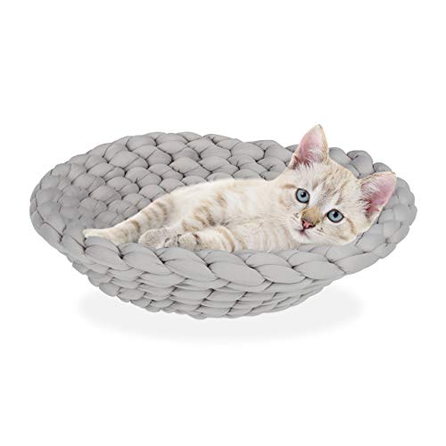 Relaxdays Katzenbett, rund 45 cm Ø, Haustierbett für Katzen & kleine Hunde, gehäkelt, Katzenkörbchen ergonomisch, grau von Relaxdays