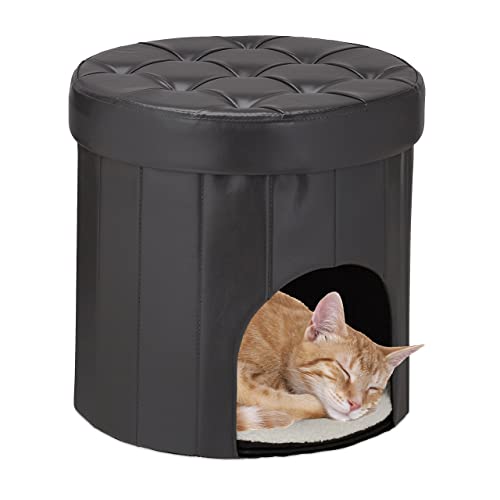 Relaxdays Katzenhocker, 2in1 Sitzhocker & Haustierhöhle, HxD: 38x38 cm, für Katzen & kleine Hunde, mit Kissen, anthrazit von Relaxdays