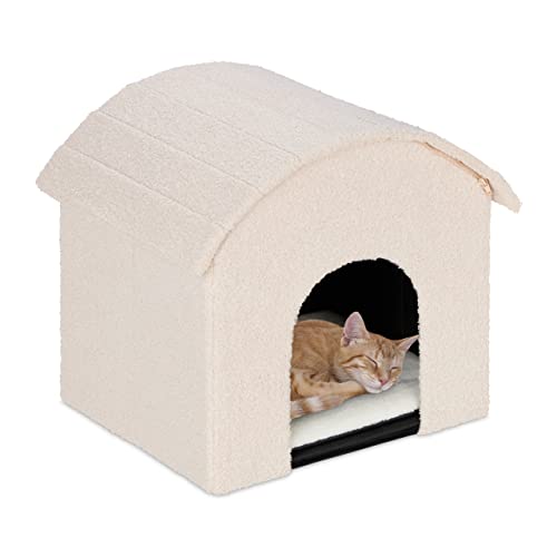 Relaxdays Katzenhöhle, faltbar, flauschig, Katzen Schlafplatz mit Kratzfläche, HBT: 44 x 48 x 41 cm, Katzenhaus, beige von Relaxdays