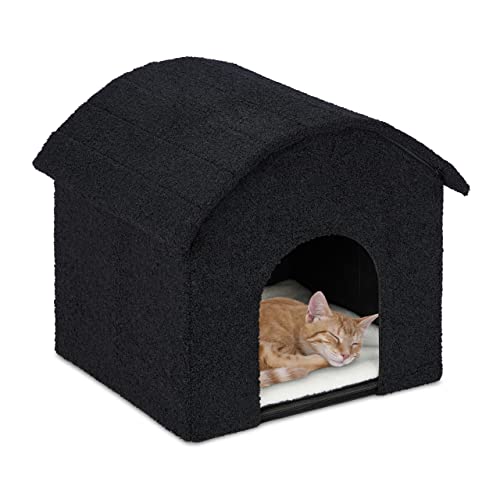 Relaxdays Katzenhöhle, faltbar, flauschig, Katzen Schlafplatz mit Kratzfläche, HBT: 44 x 48 x 41 cm, Katzenhaus, schwarz von Relaxdays