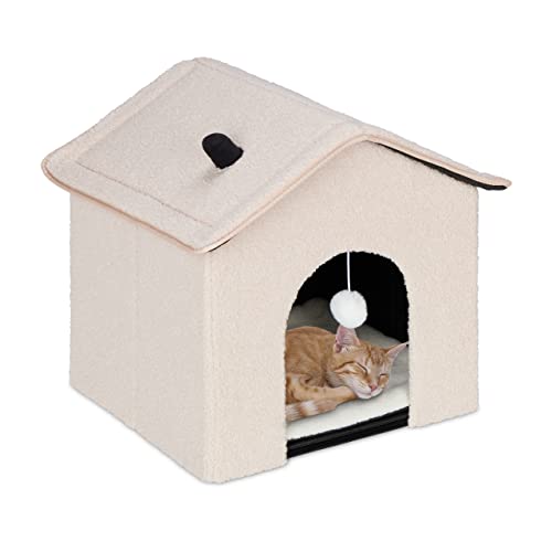 Relaxdays Katzenhöhle, faltbar, flauschig, Versteck für Katzen & kleine Hunde, HBT: 44x48x45cm, Indoor Hundehütte, beige von Relaxdays