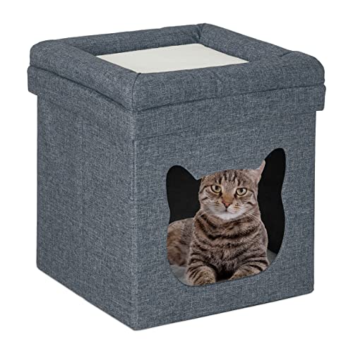 Relaxdays Sitzhocker mit Katzenhöhle, faltbar, HBT: 44x40x40 cm, Kissen, Deckel, kuscheliges Katzenbett, dunkelgrau-weiß von Relaxdays