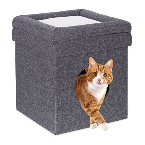 Relaxdays Sitzhocker mit Katzenhöhle, faltbar, HxBxT: 43x39x39 cm, Kissen, Deckel, kuscheliges Katzenbett, grau/weiß von Relaxdays