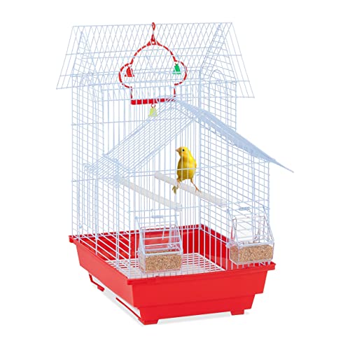 Relaxdays Vogelkäfig, HxBxT: 50 x 38 x 33 cm, Käfig für Wellensittiche & Kanarienvögel, mit Zubehör, hellblau/rot von Relaxdays